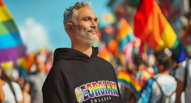 person wearing a branded pride hood at a pride celebration